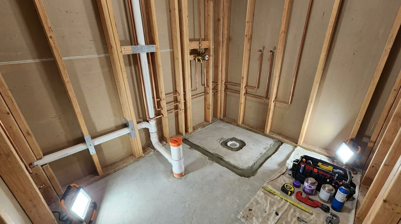 Bathroom rough-in plumbing during remodel by Johns Plumbing LLC in Fleetwood