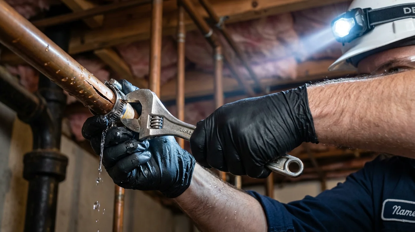 Emergency pipe clamp repair being performed by a Johns Plumbing LLC plumber in Fleetwood