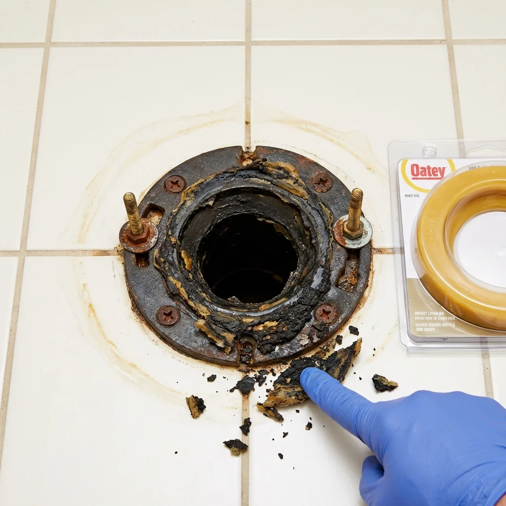 Failed wax ring showing water seepage at the base of a toilet in a Fleetwood, PA home